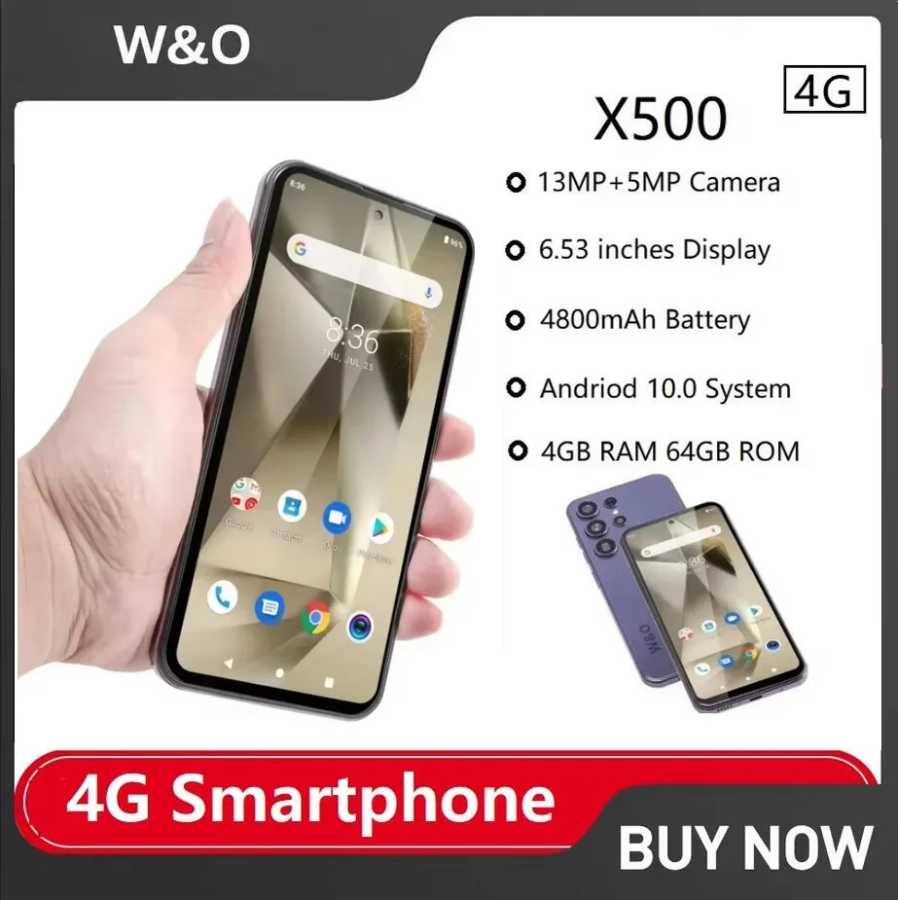 Смартфон W&O X500 Android 4G 6,53 дюйма 4 ГБ ОЗУ + 64 ГБ ПЗУ Dual SIM 4800 мАч Battrey 5 + 13 МП камера мобильный телефон Мобильные телефоны