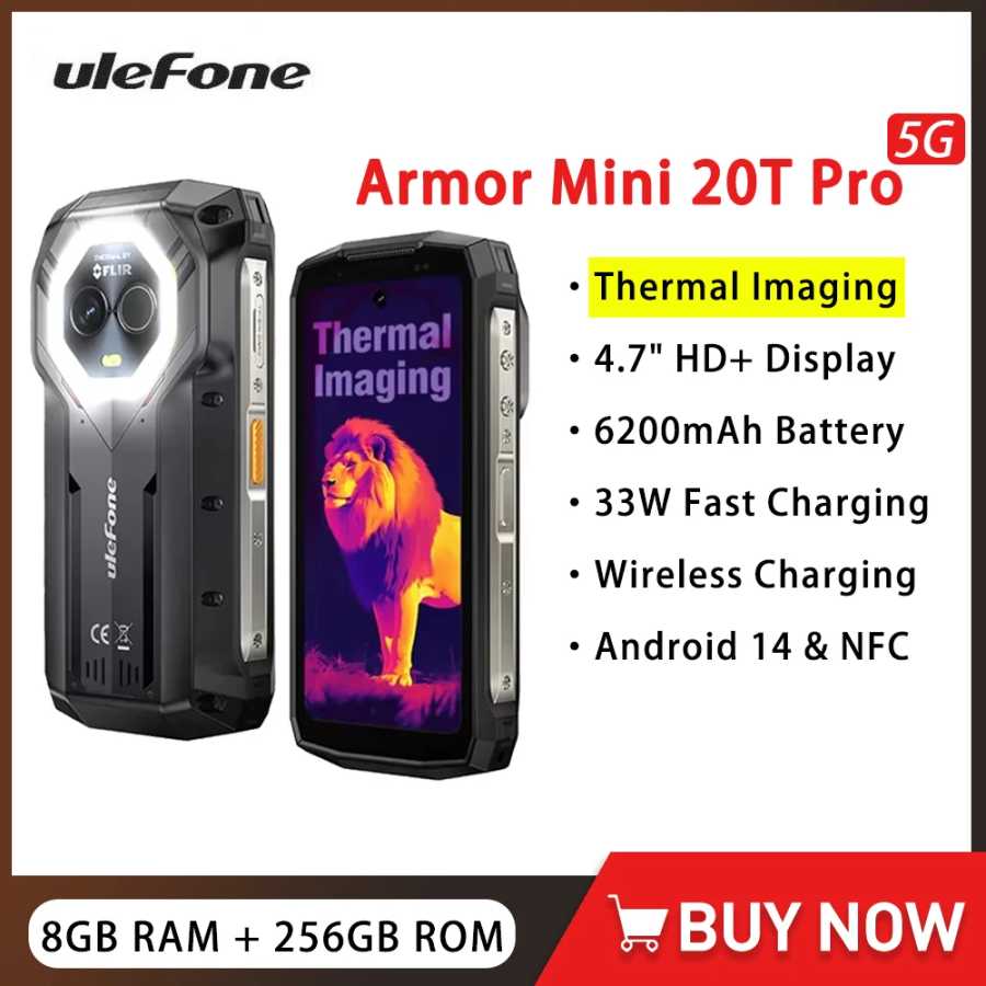 Ulefone Armor Mini 20T Pro 5G Прочный телефон с термооблегчением 4,7 дюйма 8 ГБ 256 ГБ 6200 мАч 33 Вт Маленький смартфон с быстрой зарядкой Android 14 Мобильные телефоны