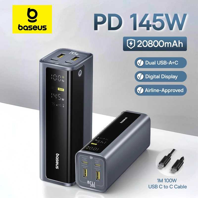 Baseus 145 Вт Power Bank 20800 мАч Dual USB A USB C PD 100 Вт Быстрая зарядка Цифровой дисплей Портативный PowerBank для ноутбука Телефона Steam Аксессуары для мобильных телефонов