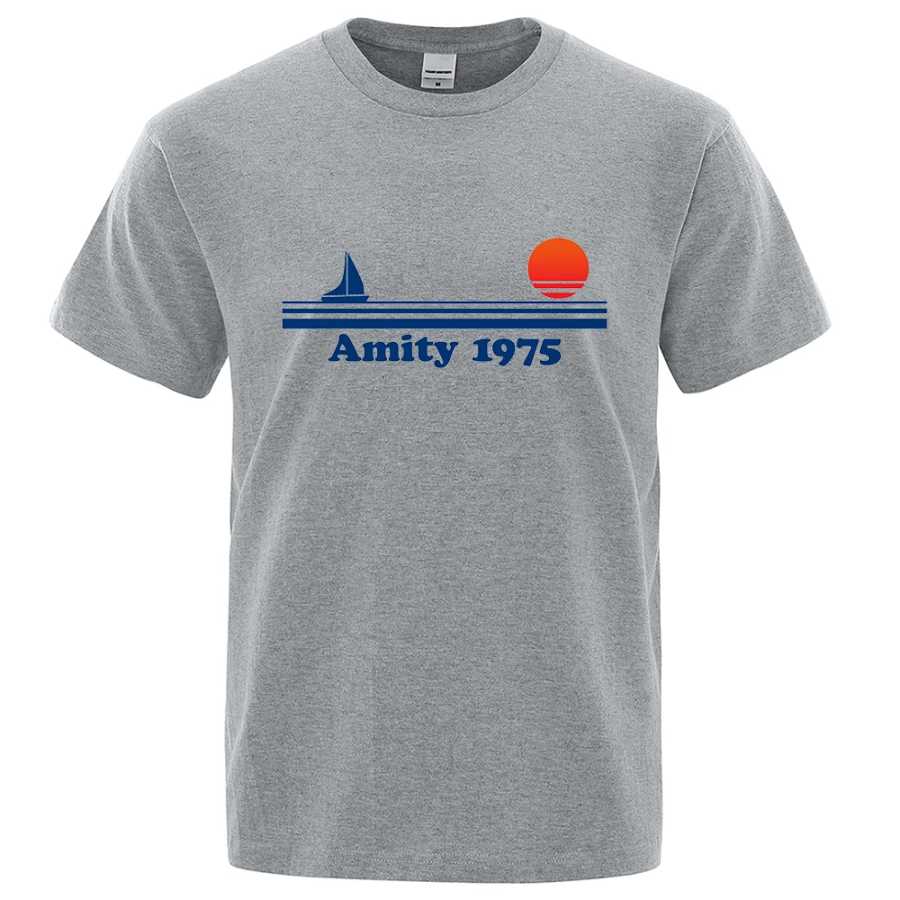Amity 1975-челюсти, Ретро стиль, яркая творческая одежда от пота, модная футболка, футболки, дышащие хлопковые мужские футболки Футболки и майки