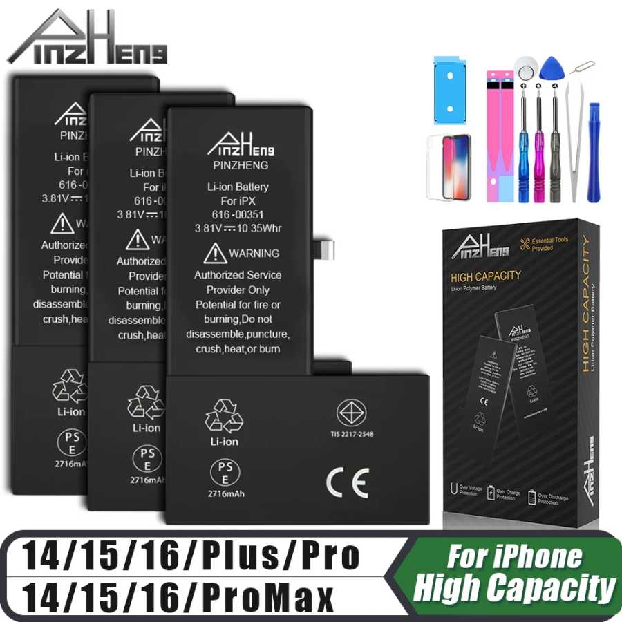 Аккумулятор PINZHENG повышенной емкости для iPhone 14, 15, 16 Pro Max, замена батареи для iPhone 16, 15, 14 Pro, 15, 16, 14 Plus Детали для мобильных телефонов