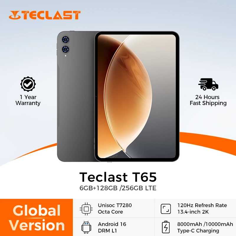 Планшет Teclast T65, 13.4 дюйма, 2K, 120 Гц дисплей, Unisoc T7280 Octa Core, до 26 ГБ ОЗУ, 128 ГБ ПЗУ, аккумулятор 8000 мАч, Android 16, LTE Планшеты