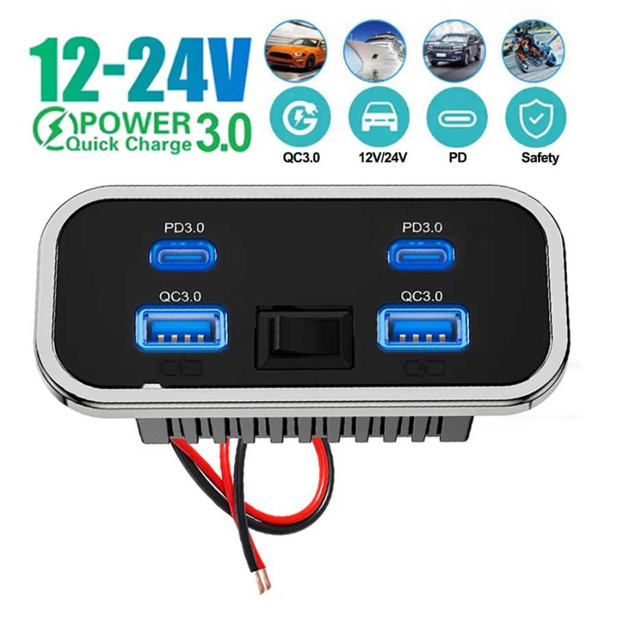 Автомобильное зарядное устройство с двумя портами USB Type-C, 4 порта, разъем для быстрой зарядки QC3.0 + PD3.0, адаптер питания для внедорожника, автофургона, кемпинга, морского автобуса Запчасти и аксессуары для автофургонов