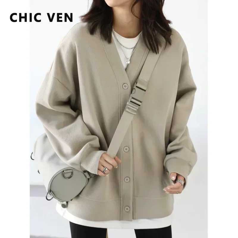 CHIC VEN корейское осенне-зимнее женское спортивное пальто повседневная свободная толстовка с v-образным вырезом для женщин толстые теплые топы офисные женские женские Толстовки и свитшоты