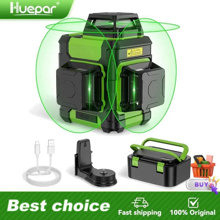 Huepar 3D Cross Line Laser Level Перезаряжаемый самовыравнивающийся зеленый лазерный инструмент с литий-ионной батареей, импульсным режимом и жестким футляром HM03CG Инструменты для измерения и анализа