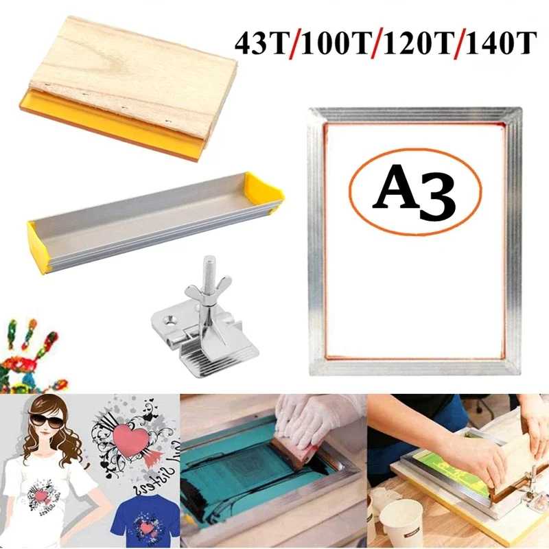 A3 комплект трафаретной печати алюминиевая рама + шарнирный зажим + эмульсионное покрытие + скребок для шелкографии Детали инструментов