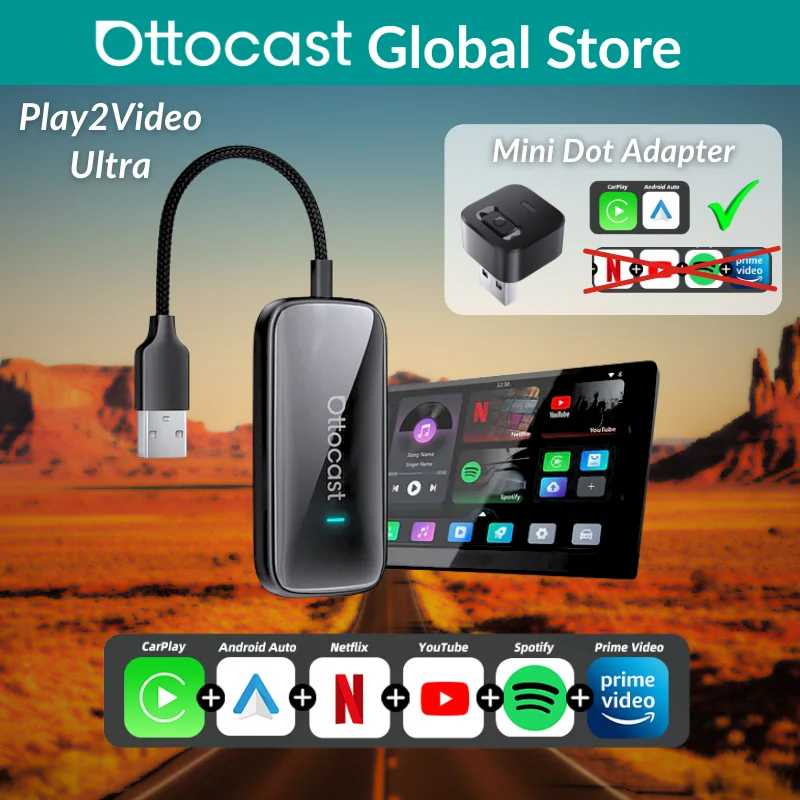 Ottocast Play2Video Ultra Mini Dot WiFi6 AI Box Carplay-адаптер, медиаплеер для Android Auto, YouTube, Netflix, установка приложений для Audi Автоэлектроника
