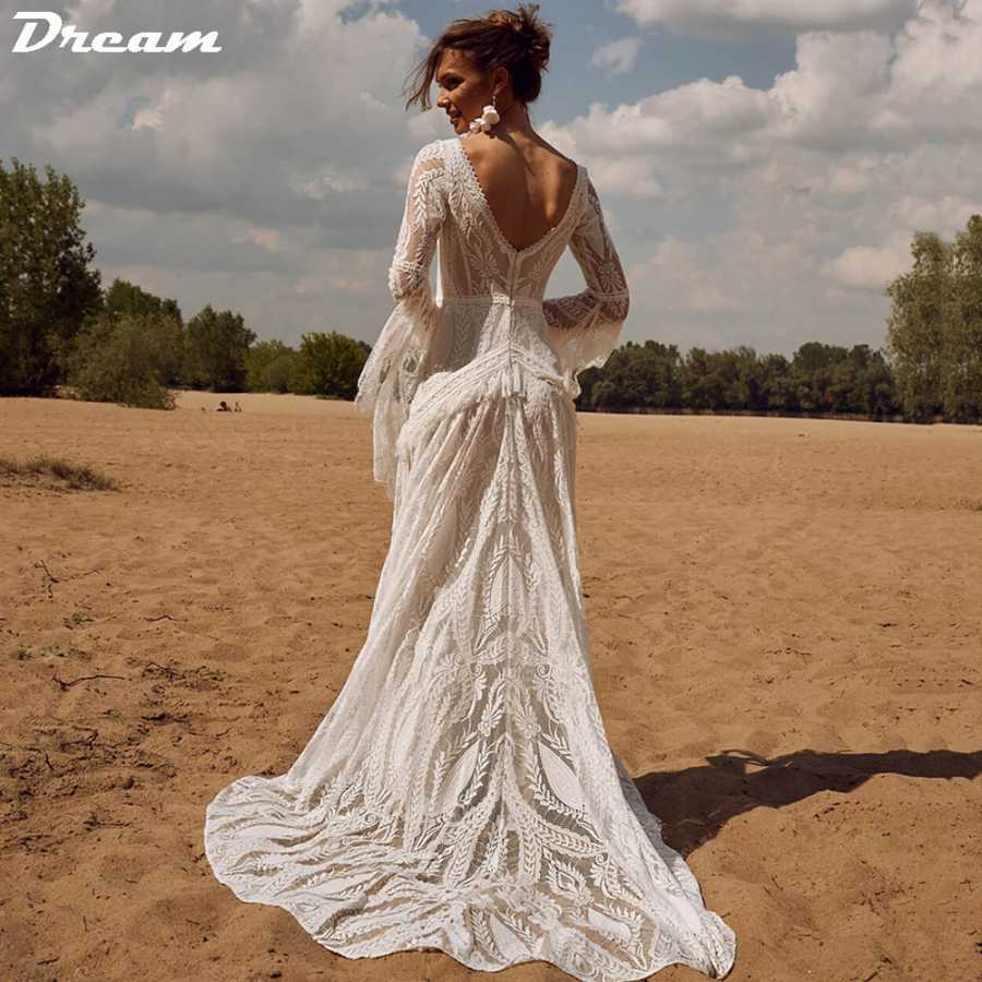 Свадебное платье DREAM с V-образным вырезом, расклешенными рукавами и кружевом, длинное, без спинки, винтажное, для невесты, 2026 Свадебные платья