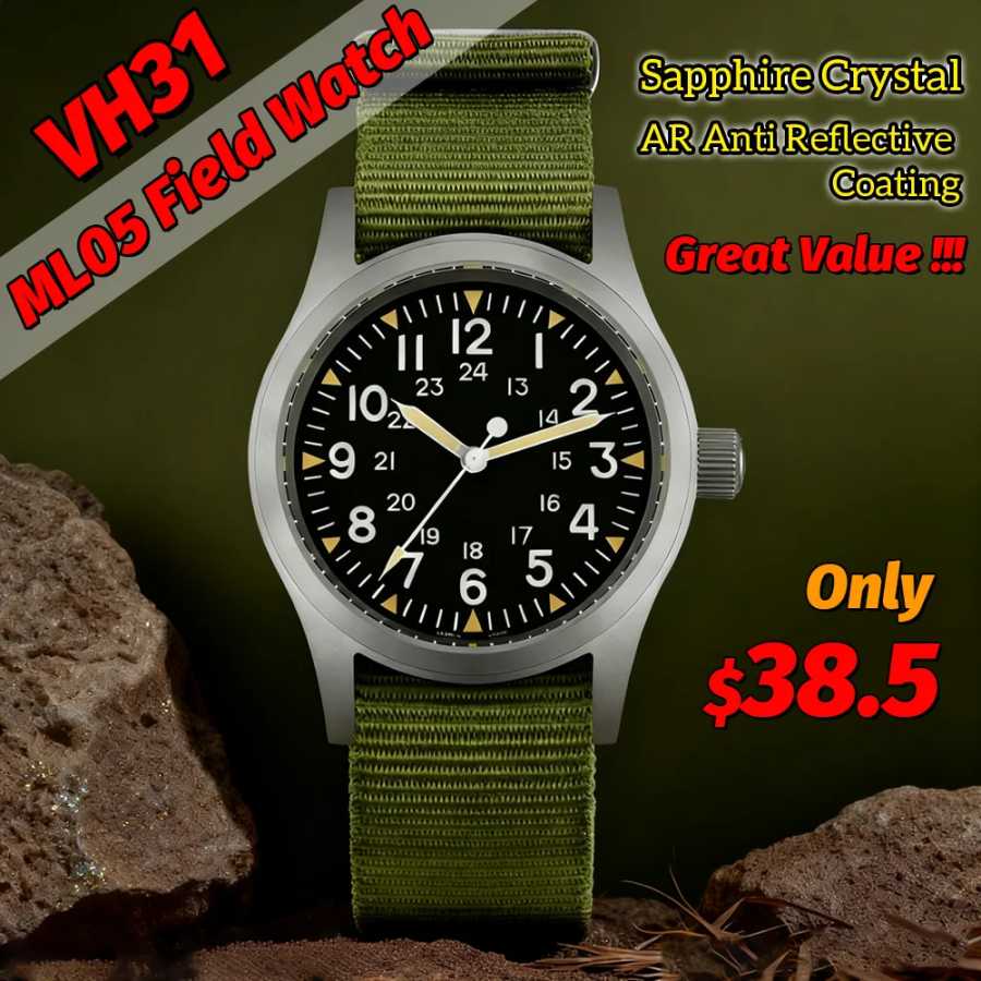 Militado Ml05 Винтажные полевые часы VH31 Sweep Second Кварцевый механизм Сапфировое стекло Высокое прозрачное AR-покрытие Светящиеся часы 38 мм Мужские часы