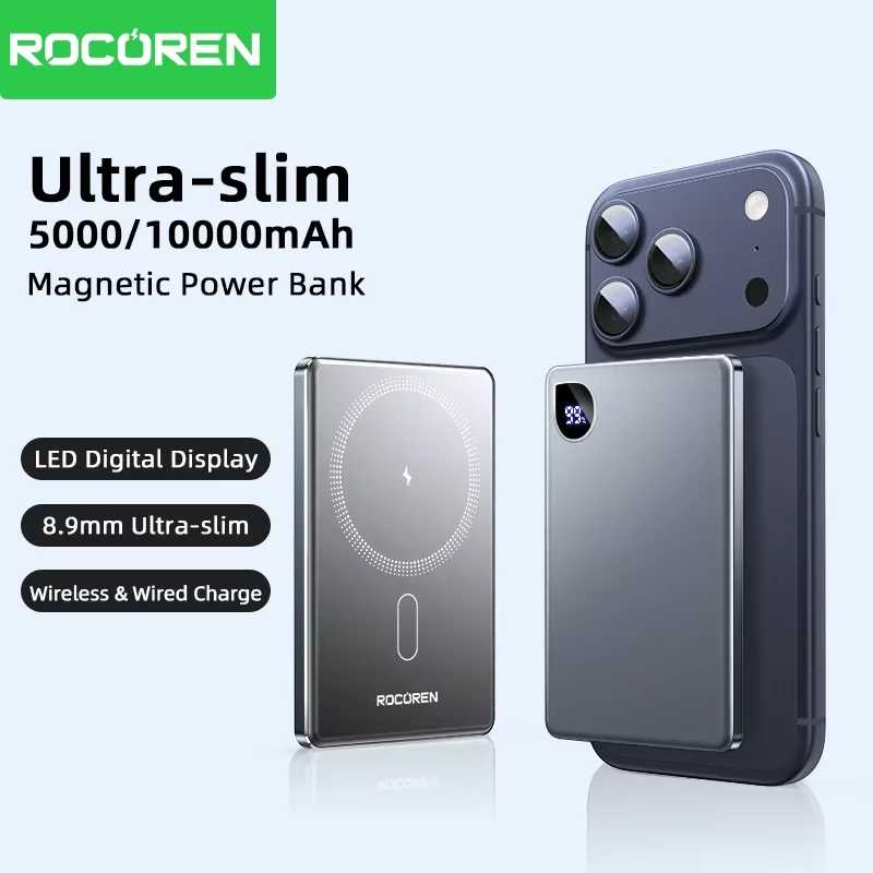 Rocoren 10000 мАч Магнитный PowerBank Быстрая зарядка 5000 мАч Power Bank Портативное беспроводное зарядное устройство Аккумулятор для iPhone 17 16 Pro Max Аксессуары для мобильных телефонов