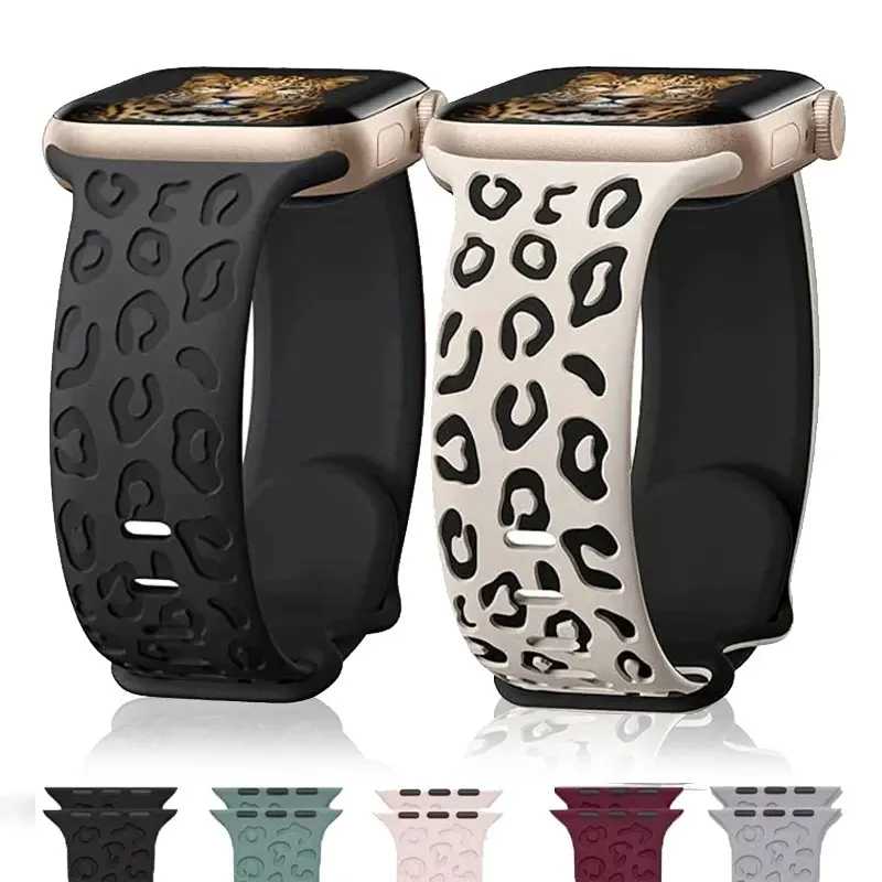 Ремешок с леопардовым принтом с гравировкой для Apple Watch Ultra2 3 ремешка 49 мм 44 41 40 45 38 мм Силиконовый браслет Iwatch Series 98765SE 10 11 46/42 мм Аксессуары для часов