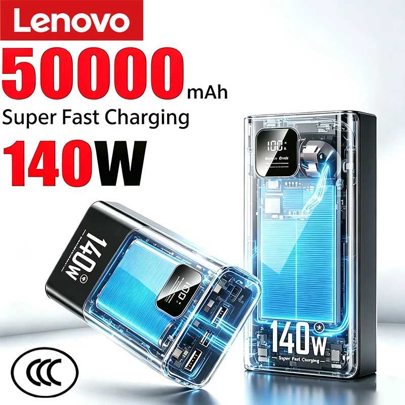 Новый внешний аккумулятор Lenovo 500000 мАч 140 Вт с высокой емкостью, сверхбыстрой зарядкой, портативное зарядное устройство CCC для iPhone 12-17, Samsung Аксессуары для мобильных телефонов