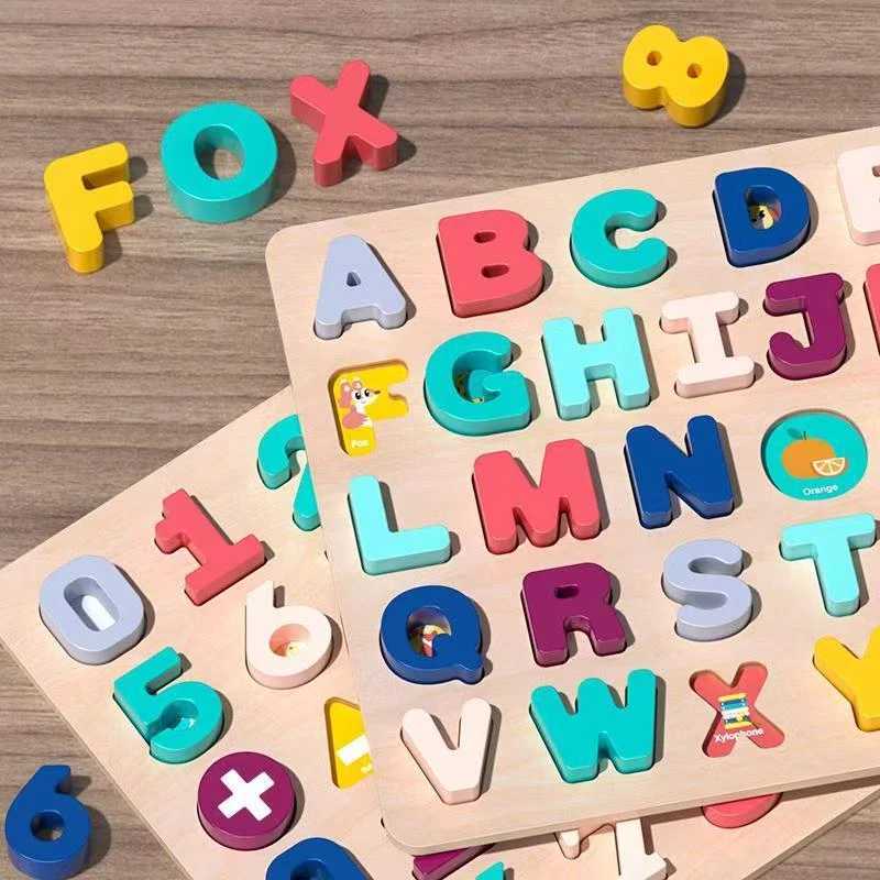 Деревянная головоломка Монтессори для малышей, детские игрушки, ABC, алфавит, номер, форма, соответствующая настольной игре, дошкольная развивающая игрушка для детей 2-4 Игры и головоломки