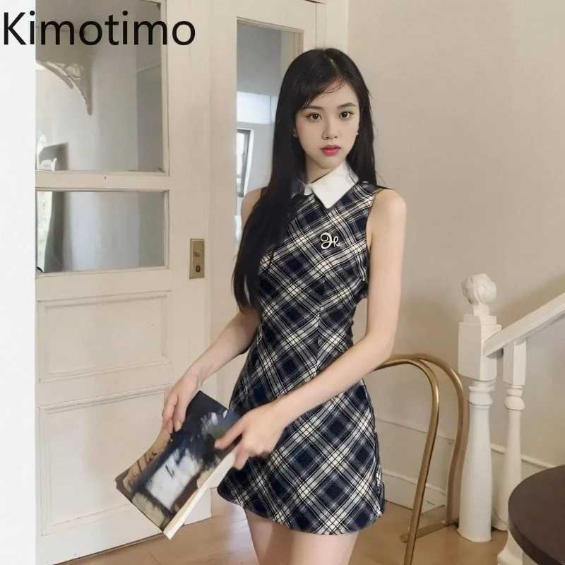 Kimotimo, милое клетчатое мини-платье без рукавов, женское корейское консервативное платье с лацканами на талии, тонкие трапециевидные платья Y2k, повседневные шикарные платья Платья