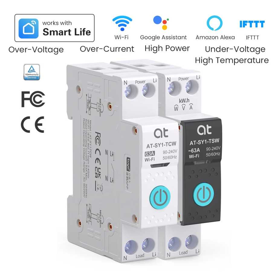 Автоматический выключатель Tuya Wi-Fi Smart 1P + N 63A MCB Таймер Мощность Энергия кВтч Измеритель напряжения и тока Защитный голосовой переключатель дистанционного управления Системы умного дома