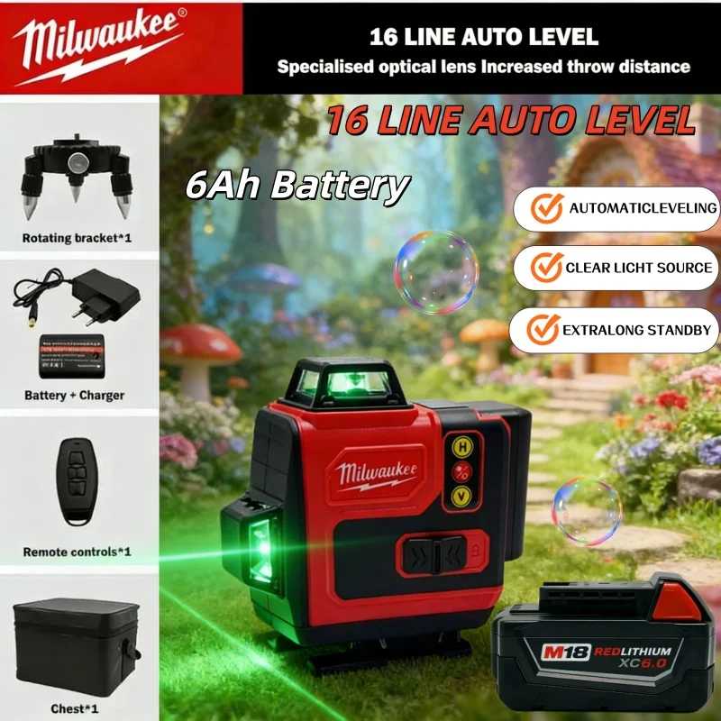 Лазерный уровень Milwaukee с литий-ионным аккумулятором 6 Ач, 18 В, 4D, 6 линий, высокоточный, с зеленой линией, портативный, 360&deg;, для горизонтального и вертикального нивелирования Аксессуары и запчасти