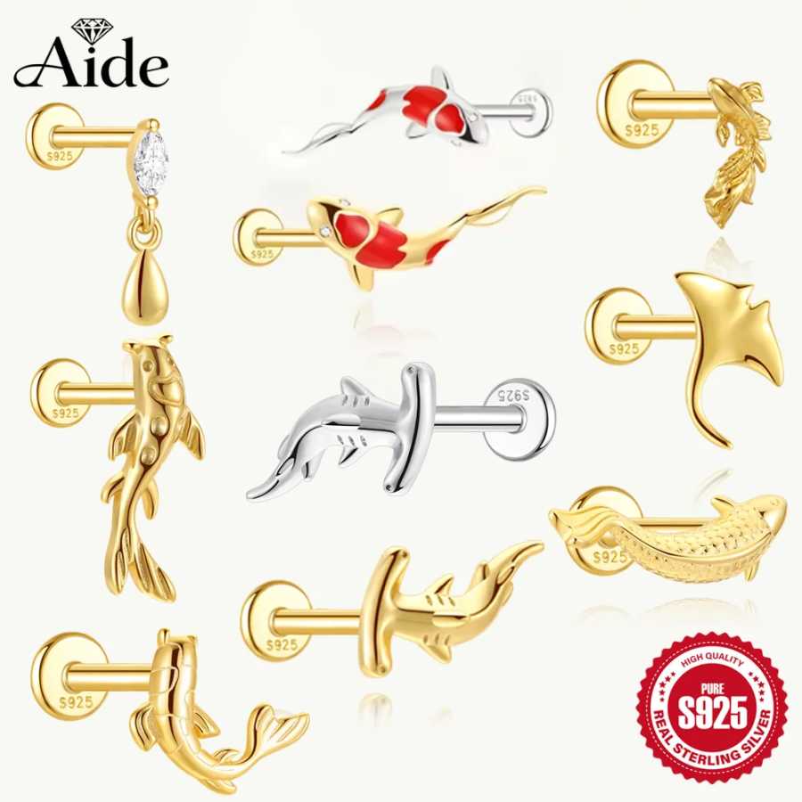 AIDE 1 шт. стерлингового серебра 925 пробы Lucky Red Koi серьги для пирсинга для женщин геометрическая цепочка циркон серьги-гвоздики из ушной кости ювелирные изделия Ювелирные изделия