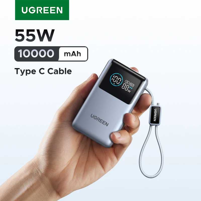 Портативный внешний аккумулятор UGREEN 55W 10000 мАч с кабелем Type-C для быстрой зарядки Redmi Note, Xiaomi Mi 14, 13, 12 Аксессуары для мобильных телефонов