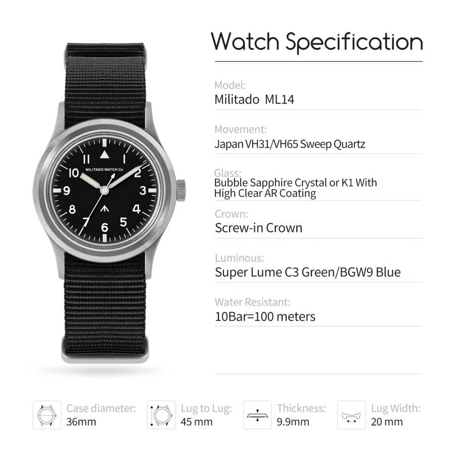 Фотография №3 товара Militado ML14 36 мм Часы VH31 Sweep Second Кварцевый Механизм