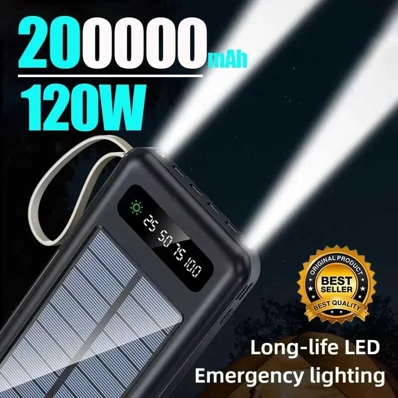 2026NEW 200000 мАч аккумулятор на солнечной батарее большой емкости для мобильных устройств с быстрой зарядкой и двумя USB 4 кабелями для iPhone Samsung Аксессуары для мобильных телефонов