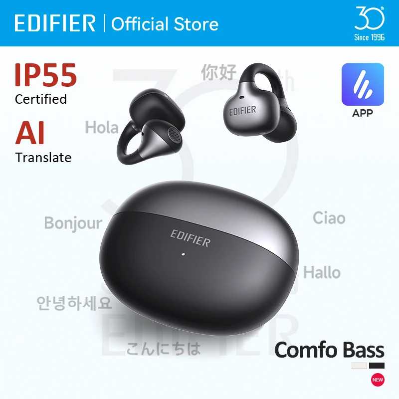 Беспроводные наушники Edifier Comfo Bass Open-Ear True Wireless с Bluetooth V6.1, креплением на ухо, функцией AI-перевода, легкие, IP55 Портативное аудио и видео