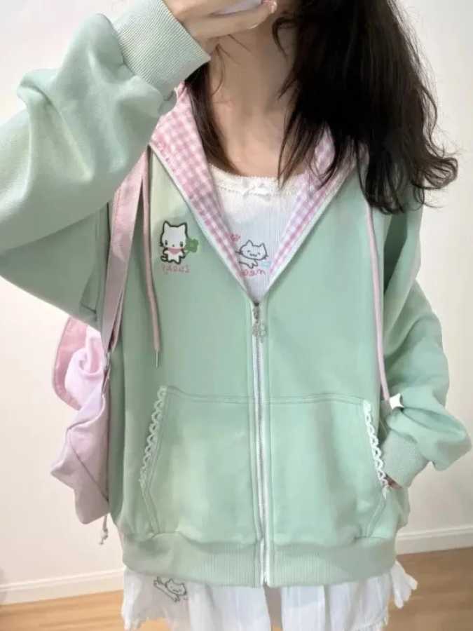 Y2k Kawaii японский мультфильм с длинным рукавом на молнии толстовки с капюшоном субкультура свободные повседневные толстовки женские топы 2000-х годов винтажный шик Толстовки и свитшоты