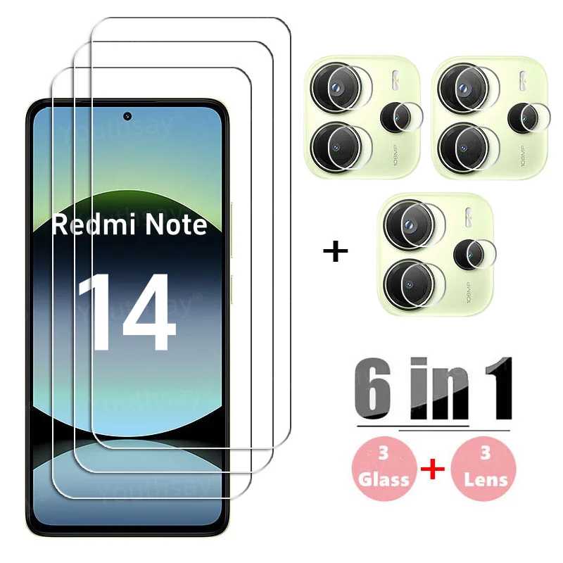 6 в 1 полнопрочное стекло для Xiaomi Redmi Note 14 закаленное стекло Redmi Note 14 Защитная пленка для объектива камеры Redmi Note 14 