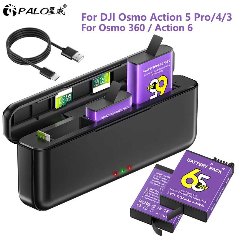 2250 мАх для аккумулятора DJI Osmo Action 6 / Action 5 Pro + 3 слота для зарядного устройства DJI Osmo Action 5 Pro Action4 Action3 Osmo 360 Аксессуары для спортивной камеры Аксессуары и запчасти