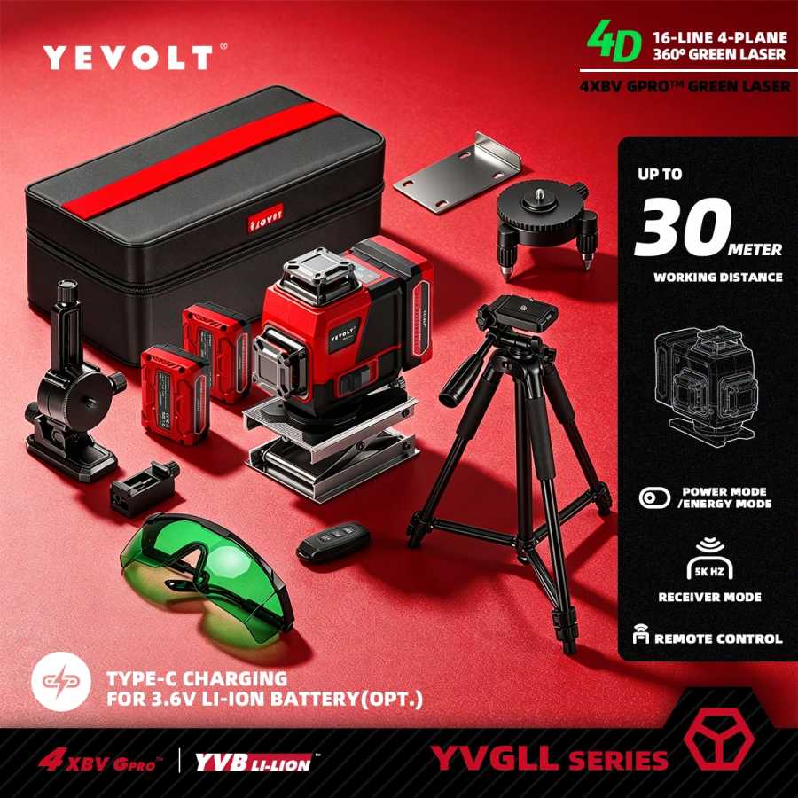 Лазерный нивелир YEVOLT Green 16 линий 4D с самовыравниванием для внутренних работ, укладки ламината, плитки, выравнивания шкафов и домашних проектов Инструменты для измерения и анализа