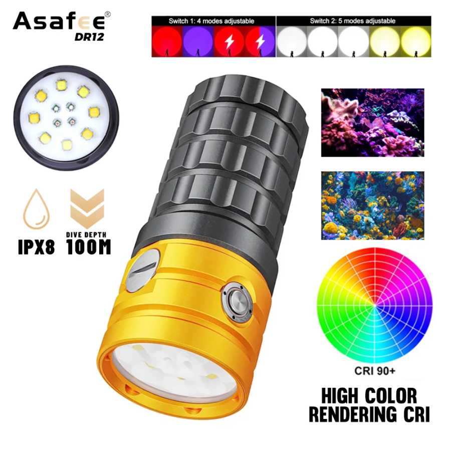 Профессиональный фонарик для дайвинга Asafee DR12, лм, водонепроницаемый, красный, синий, белый, теплый, для подводной фотосъемки Портативное освещение