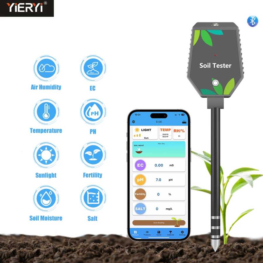 Умный тестер почвы Yieryi 8-в-1, pH/соль/EC/плодости/температура, Bluetooth-приложение, регистратор данных, измеритель pH влажности почвы для посадки сада Инструменты для измерения и анализа
