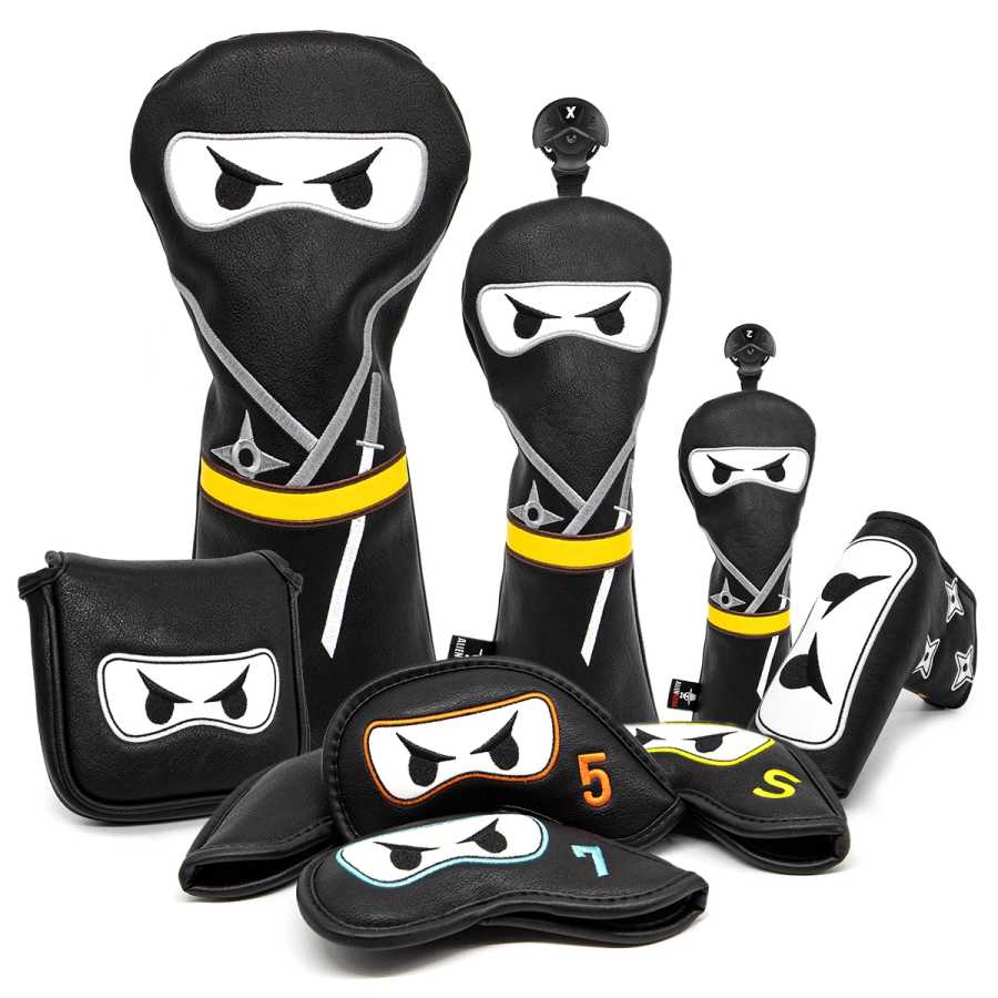 Набор чехлов для гольф-клюшек Aliennana Black Ninja: чехол для драйвера, чехол для клюшки для фервей, чехол для гибридной клюшки, чехол для паттера-блейда, чехол для паттера-маллета Гольф