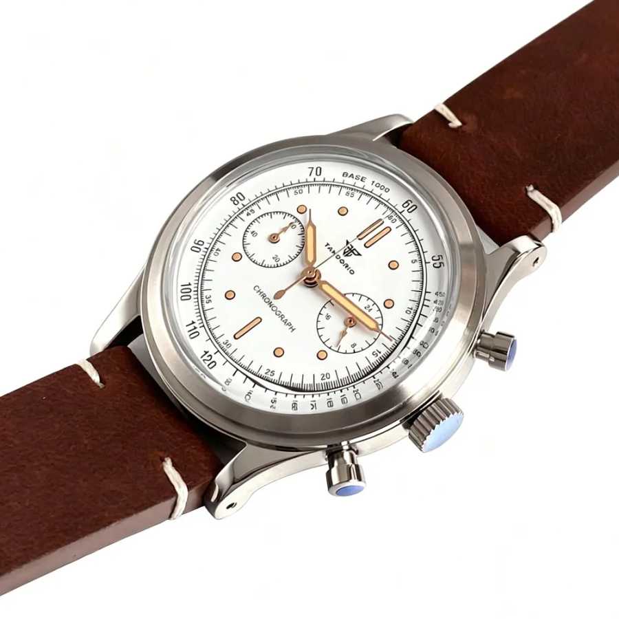 Мужские часы Tandorio Retro с механизмом Miyota OS20, 38 мм, спортивные часы, хронограф, кварцевый механизм, черный циферблат, изогнутое стекло Bubble Glass Мужские часы