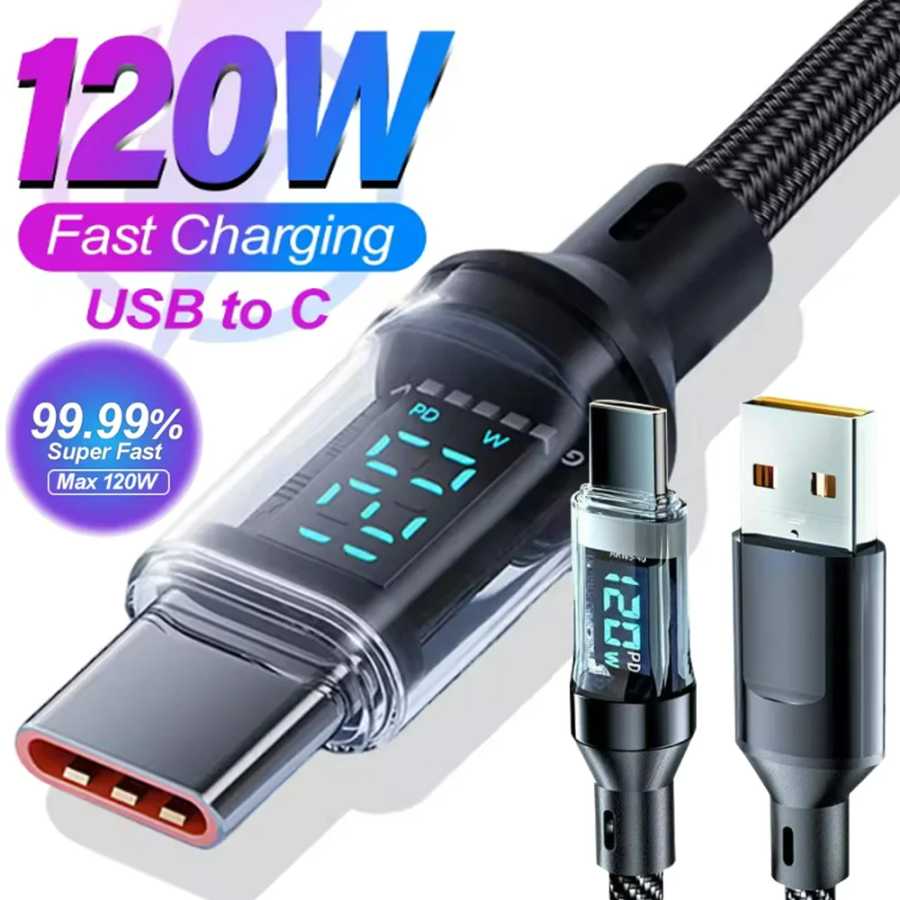 Зарядный кабель USB Type-C мощностью 120 Вт, быстрая зарядка для планшетов Xiaomi, Samsung, ноутбуков, 1,5 м/2 м, с цифровым дисплеем, провод для быстрой зарядки Аксессуары для мобильных телефонов