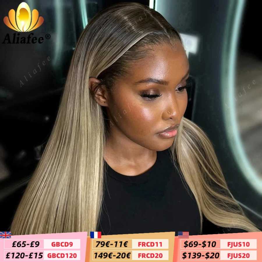 Ombre Dirty Blonde Прямой парик фронтальной части шнурка 13x6 Парики из натуральных волос Пепельно-русый с темными корнями 13x4 Парики фронта шнурка для женщин Парики из натуральных волос (для брюнетов)