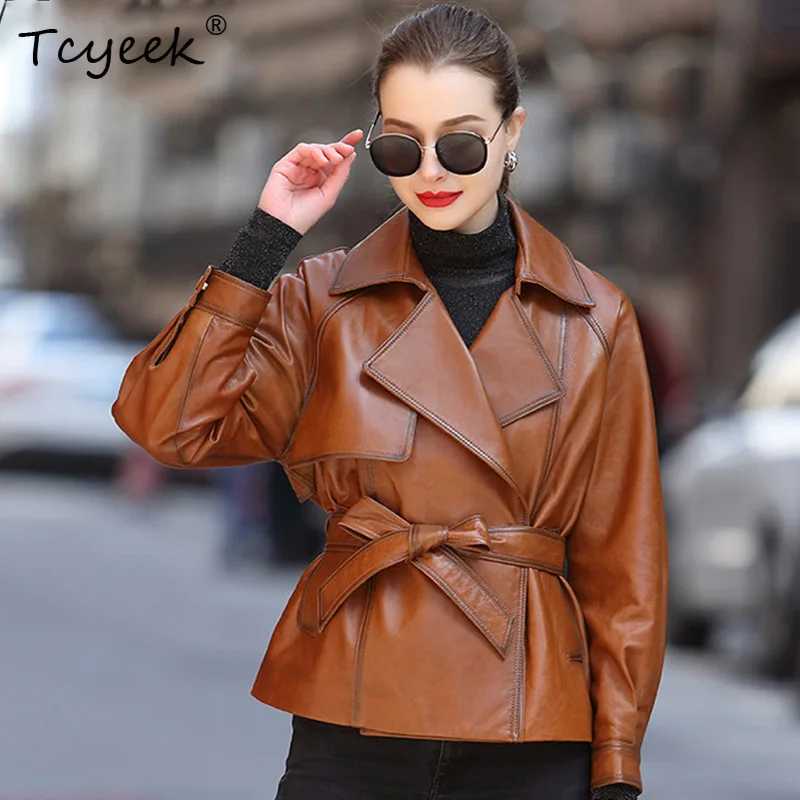 Фотография №3 товара Кожаная куртка Tcyeek из натуральной овчины для женщин, осенняя, свободного