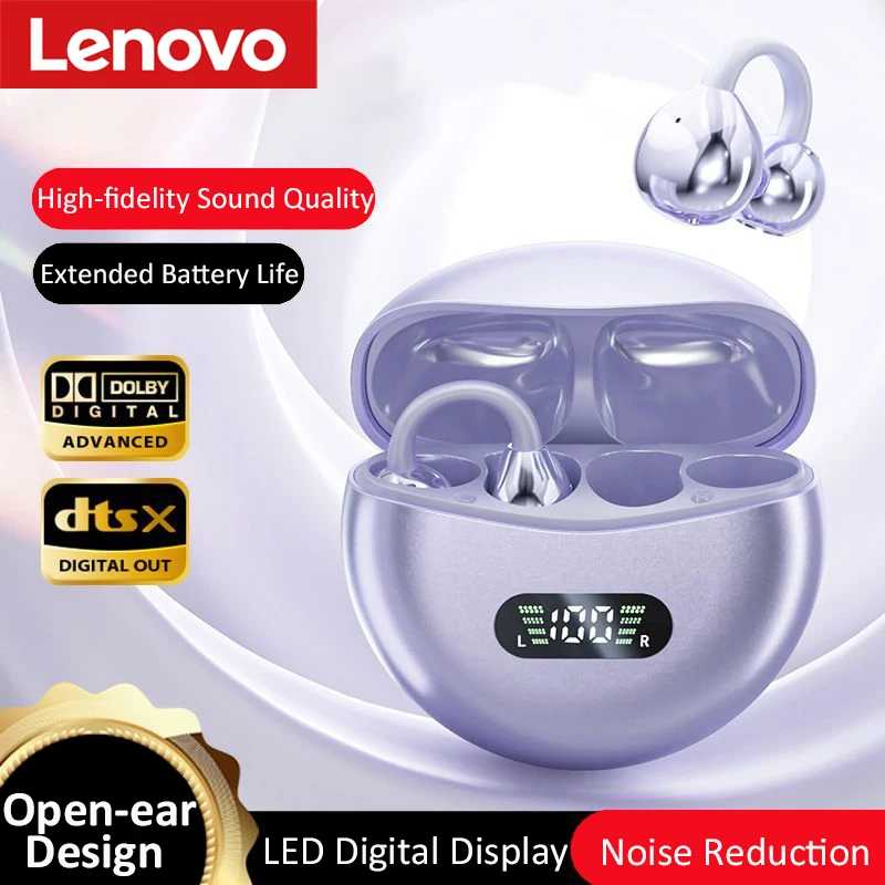 Беспроводные наушники-клипсы Lenovo Open Ear TWS с шумоподавлением, низкой задержкой и LED-дисплеем для спорта, бега и игр Портативное аудио и видео