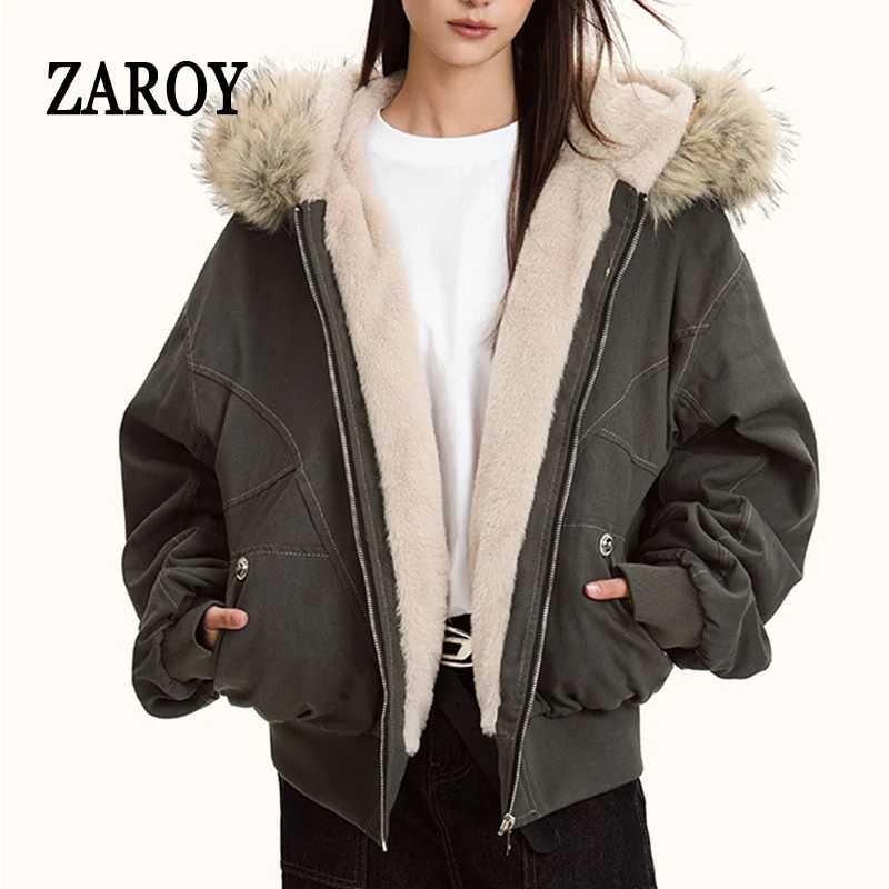 ZAROY парки с капюшоном и меховым воротником Y2k Harajuku, утепленные стеганые куртки, повседневные готические женские и мужские зимние пальто на молнии, уличная одежда кур Парки
