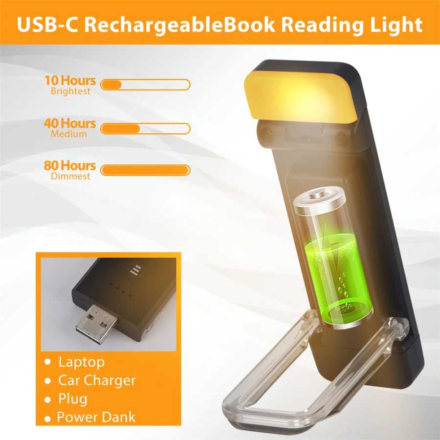 Фотография №1 товара Зажимная книжная лампа с таймером, USB аккумуляторная лампа для чтения,