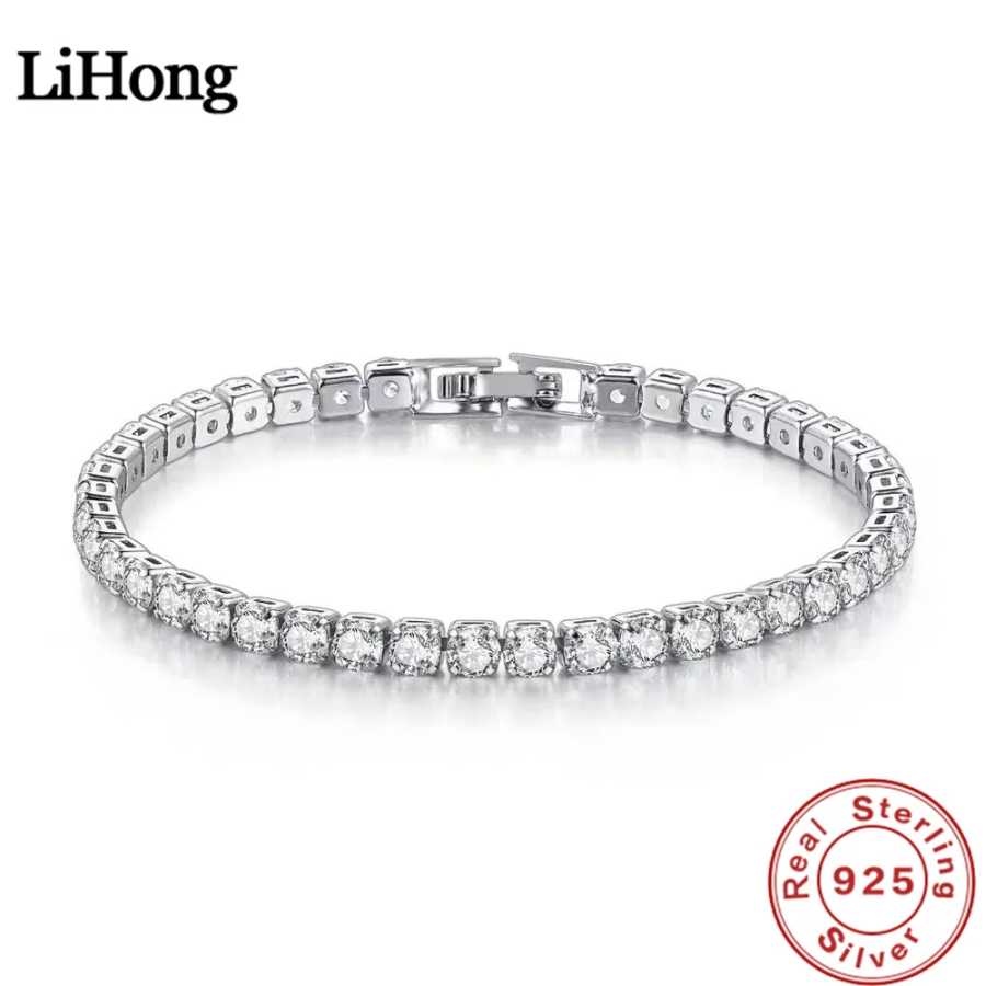 Lihong S925 браслет из стерлингового серебра с цирконием теннисный мяч женская мода простые обручальные свадебные очаровательные украшения 4 мм 16-20 см Ювелирные изделия