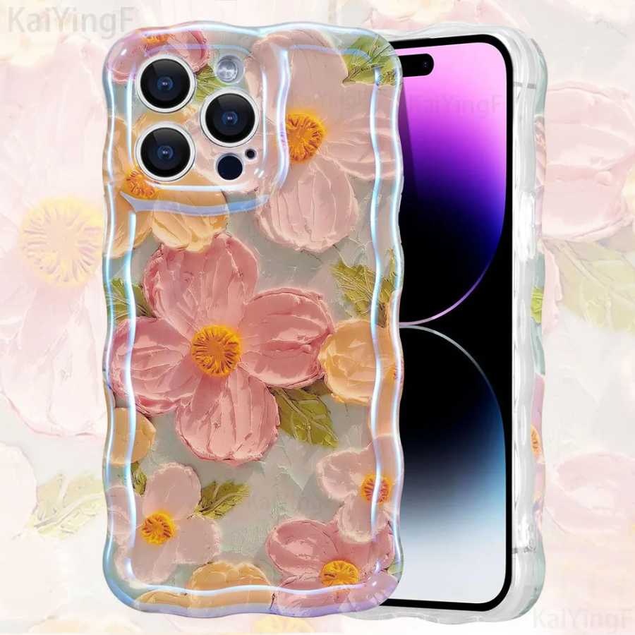 Стильный чехол для телефона iPhone 11, 12, 13, 14, 15, 16 Pro Max, ретро, масляная живопись, цветок, глянцевый, милый, с цветочной волнистой каймой, изысканный чехол Чехлы и чехлы для мобильных телефонов