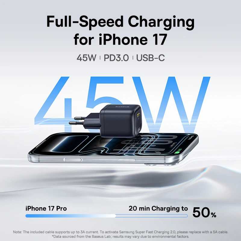 Фотография №1 товара Зарядное устройство Baseus 45W GaN для iPhone 17 16 15