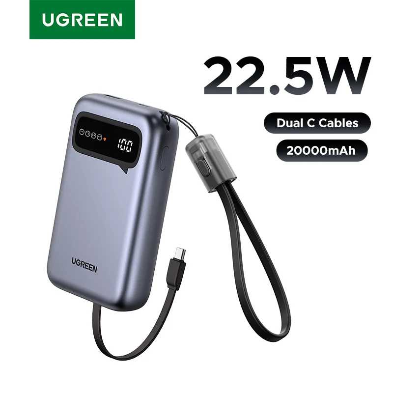 UGREEN 20000 мАч, двойной кабель типа C, внешний аккумулятор с быстрой зарядкой, портативный PowerBank для iPhone 17 16 Pro Max PD, внешний аккумулятор 20 Вт Аксессуары для мобильных телефонов