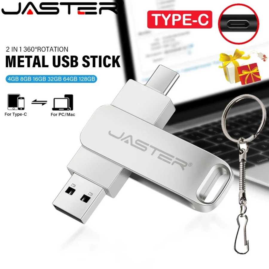 JASTER Бесплатный индивидуальный логотип TYPE-C Pen Drive 128 ГБ Вращающийся металлический серебристый флэш-накопитель USB 2.0 64 ГБ Подарок для бизнеса Память 32 ГБ Хранение данных
