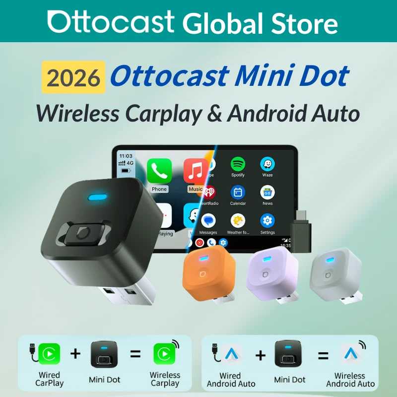 Беспроводной адаптер Ottocast Express Mini Dot для CarPlay и Android Auto, преобразующий проводное подключение в беспроводное, Wi-Fi 6, Plug & Play для Audi и Kia Автоэлектроника