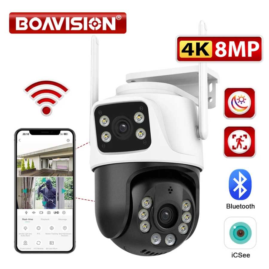 BOAVISION Открытый 8MP 4MP Wi-Fi наблюдение Автоматическое отслеживание 2-стороннее аудио Цветное ночное видение Умная веб-камера Доступ к автоматизации здания