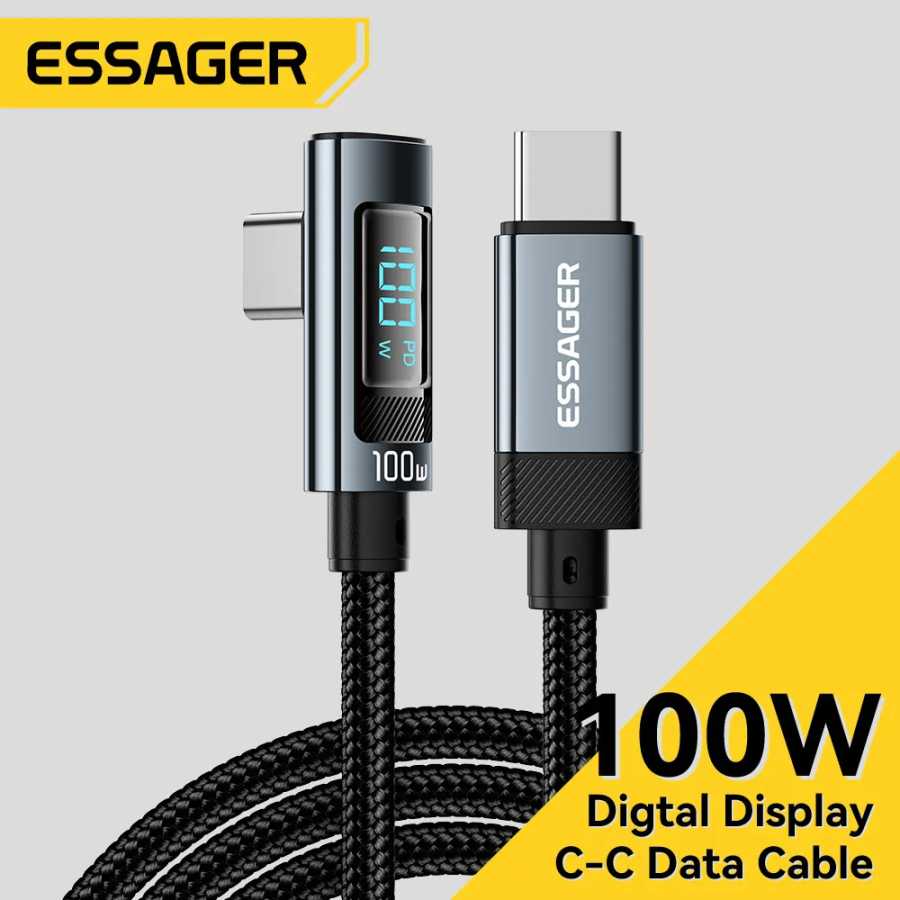 Essager PD100W Кабель USB Type C &mdash; USB C 5A Кабель для быстрой зарядки 90 Кабель со светодиодным цифровым дисплеем для iPhone 15 MacBook Huawei Xiaomi Аксессуары для мобильных телефонов