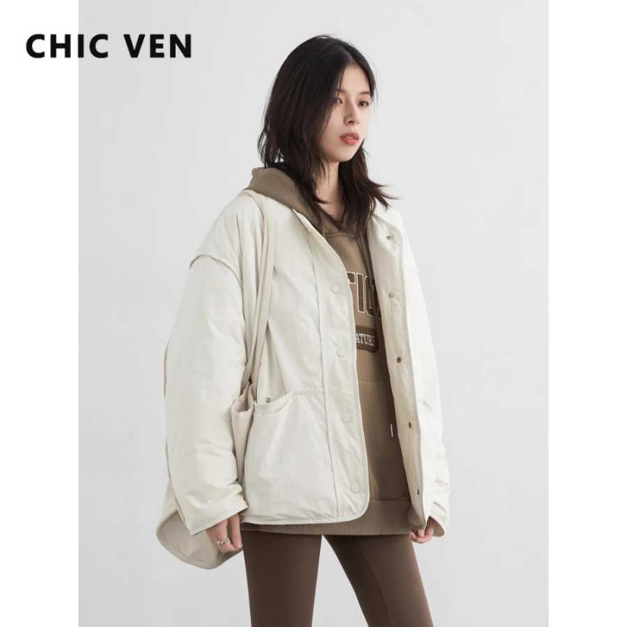 Женские пуховики CHIC VEN, простая свободная текстура, пуховик с круглым вырезом 90, белый утиный пуховик, осень-зима 2025 Пуховики