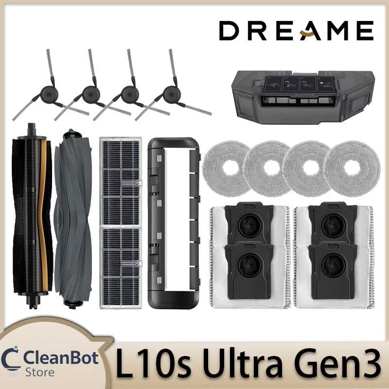 Аксессуары для робота-пылесоса Dreame L10s Ultra Gen3: основная щетка, боковая щетка, HEPA-фильтр, салфетки для влажной уборки, мешок для сбора пыли. Запчасти для бытовой техники