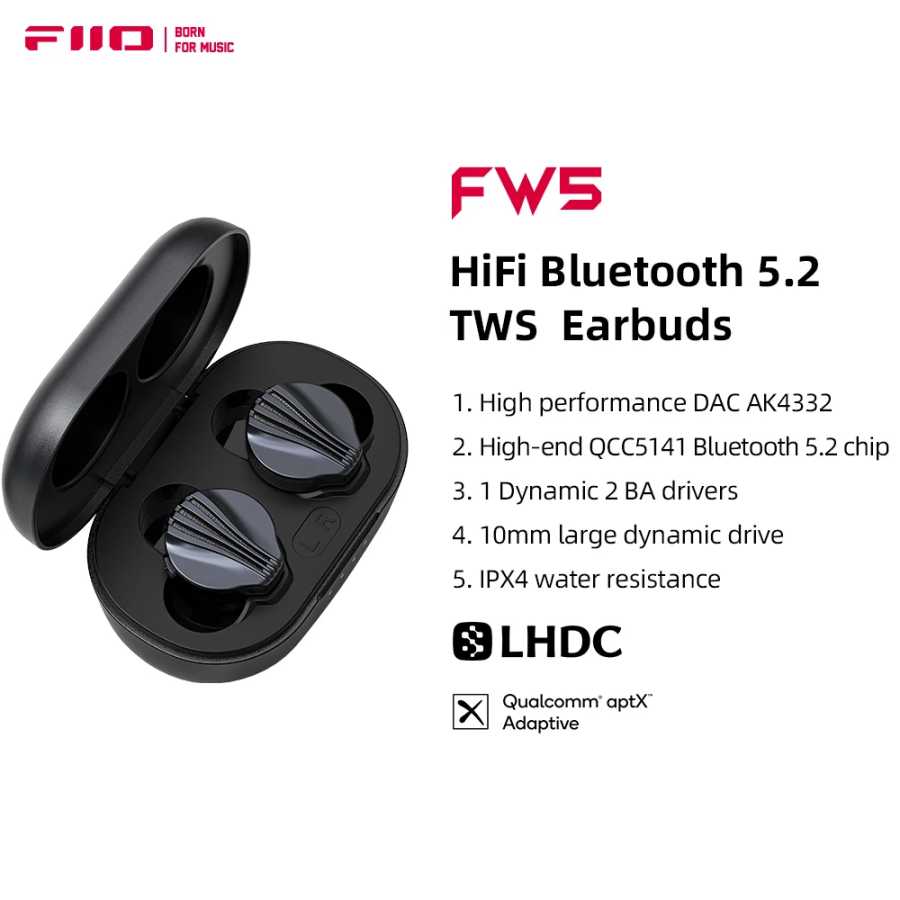 FiiO FW5 TWSБеспроводные Bluetooth LHDC/aptX адаптивные наушники Спортивные стерео Hi-Fi музыкальные наушники 10 мм с динамическим драйвером Портативное аудио и видео
